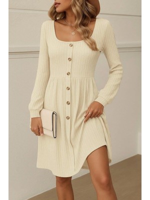 Modatıkla Kadın Uzun Kollu Kare Yaka Düğmeli Kısa Şardonlu Iki Iplik Mini Elbise