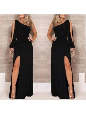 Modatıkla Tek Omuz Açık Derin Yırtmaçlı Krep Tam Boy Elbise