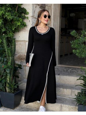 Modatıkla Kadın Uzun Kollu Yuvarlak Ribana Yaka Yırtmaçlı Uzun Viskon Iki Iplik Elbise