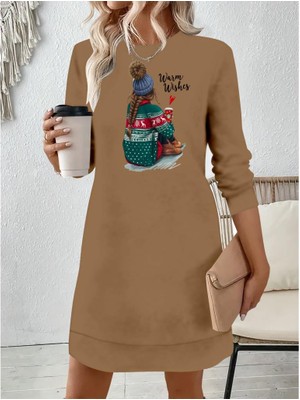 Modatıkla Kadın Uzun Kollu Bisiklet Yaka Desenli Viskon Iki Iplik Elbise