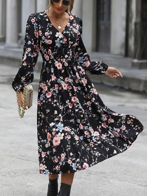 Modatıkla Kadın Uzun Kollu Kruvaze Yaka Beli Lastikli Yandan Yırtmaçlı Desenli Dalgıç Elbise