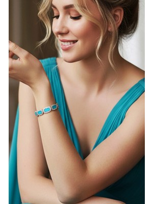 Caş Dekorasyon Altın Renk Mavi Taşlı 14K Altın Kaplama Bileklik