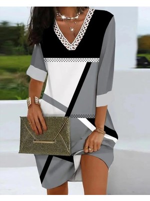 Modatıkla Kadın Fakir Kollu V Dantel Yaka Geometrik Desenli Dalgıç Elbise