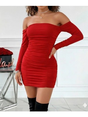 Modatıkla Kadın Uzun Kollu Omuzlardan Açık Takma Kollu Büzgülü Sandy Kısa Elbise