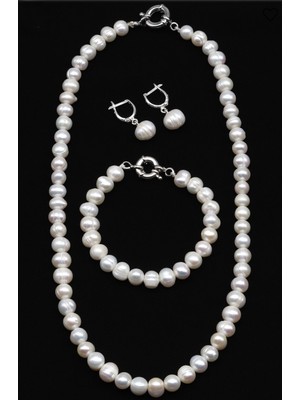 Taşmir Sertifikalı Inci Doğal Taş Kolye Bileklik Küpe Set Paslanmaz Çelik Gemici Kilit