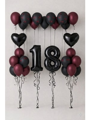 Bordo Kurdeleli Cherry Konsept Yaş Seçenekli Doğum Günü Mumlu Balon Seti