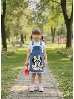 Kız Çocuk Minnie Baskılı Kot Salopet Elbise