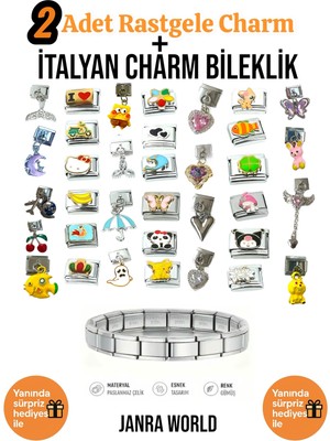 Janra World 2 Adet Rastgele Charm + Italyan Charm Bileklik Seti | Sürpriz Hediye Ile Birlikte