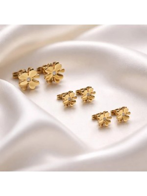 Begonia Accessories VIP Çelik 14K Altın Kaplama 4 Yaprak Yonca Küpe Seti 5mm 7mm 9mm Zirkon Taşlı 3’lü Minimal Unisex Küpe – Paslanmaz, Kararmaz, Antialerjik Kadın & Erkek