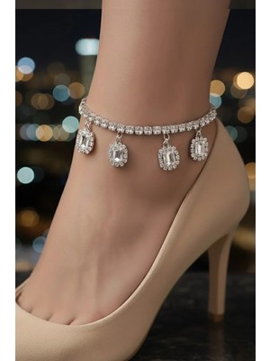 Caş Dekorasyon Gümüş Renk Taşlı Tasarım Halhal