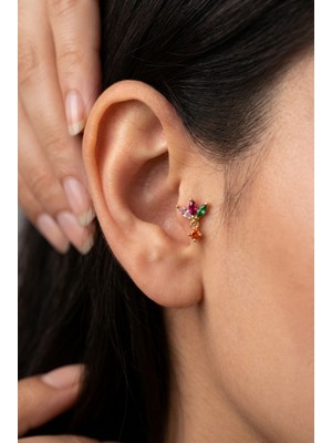 Renkli Zirkon Taşlı Sallantılı Lotus Çelik Tragus Piercing