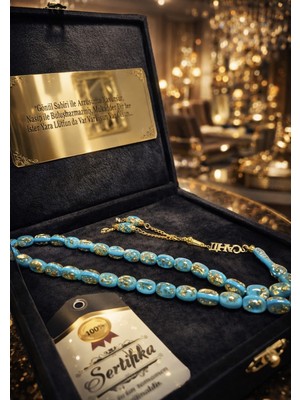 Altınsoy Tesbih Premium Kişiye Özel Isimli Firuze Taşlı Altın Parçacıklı Rosary Gold Tesbih Özel Yazılı Kutulu