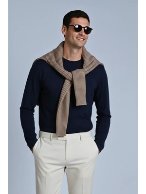 Guaraz Erkek Relax Fit Lacivert Rahat Kesim %100 Pamuk Uzun Kollu Bisiklet Yaka Basic Tişört