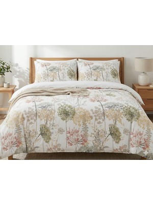 Maki Home Battal Boy 240X220 cm Pamuklu Nevresim Seti Pastel Botanik Kır Çiçekleri Desenli Bej Yeşil Tonlar Yumuşak Doku