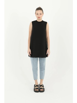 Puane Kadın Siyah Renk Sıfır Kol Önü Şifon Detaylı Tunik-Içlik 02700