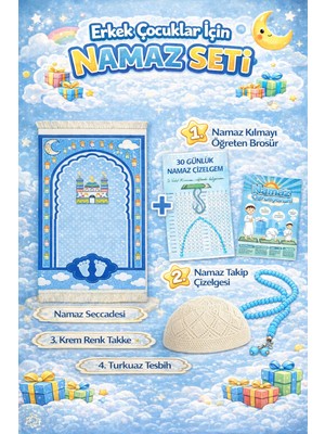 Simply Line namaz öğreniyorum ve çizelgesi Çocuk Seccadesi Takke Tesbih Set Büyük Boy Erkek Çocuk Namaza Ilk Adım Eğlenceli Dekoratif Namazlık