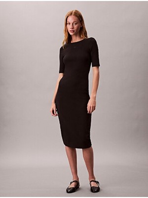 Calvin Klein Kadın Refined Pamuklu Rib Dokuma Midi Elbise