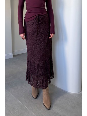 Magarde Beli Lastikli Dantelli Etek- Bordo