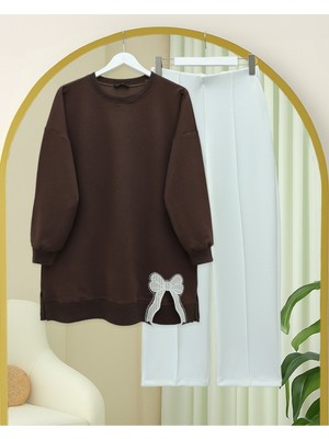 Modamorfo Yuvarlak Yaka Eteği Fiyonk Detaylı  Salaş Penye Tunik -Kahve