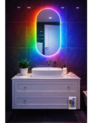 Digital Hayat Oval Elips LED Işıklı Ayna | Beyaz Günışığı Amber Mavi Kırmızı Rgb | Dekoratif Banyo Makyaj Aynası