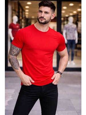 Erkek T-Shirt Bisiklet Yaka Slim Fit Dar Kesim Likralı Tişört Günlük Basic Body - Kırmızı