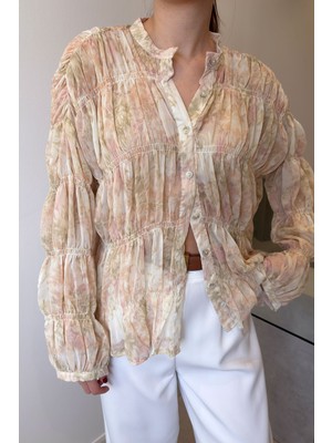 Magarde Şifon Gipeli Tasarım Gömlek- Pudra