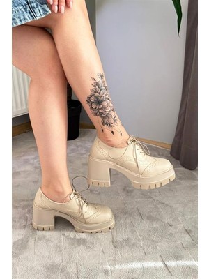 Difolia Kadın Diana Bej Cilt Carık Model 8 cm Topuklu Platformlu Ayakkabı