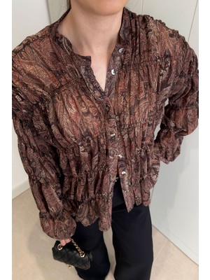 Magarde Şifon Gipeli Tasarım Gömlek- Kahverengi
