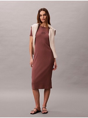 Calvin Klein Kadın Baby Rib Örgü Logo Detaylı Midi Elbise