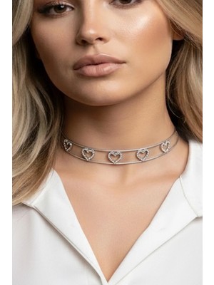 Caş Dekorasyon Gümüş Renk Kalpli Taşlı Choker Kolye