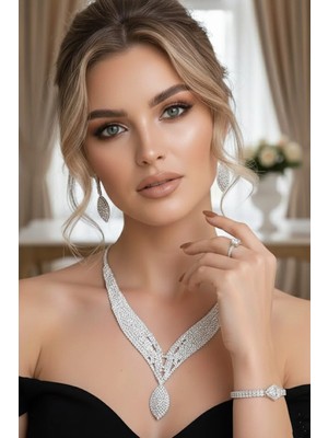 Caş Dekorasyon Gümüş Renk Taşlı 4'lü Abiye Set