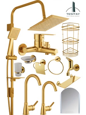 Tesitay Lüks Mutfak Lavabo Banyo Bataryası Robot Duş Seti Aynalı Aksesuar Takımı Gold Renk