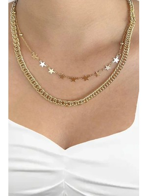 Caş Dekorasyon Altın Renk Yıldızlı Ikili Metal Kolye