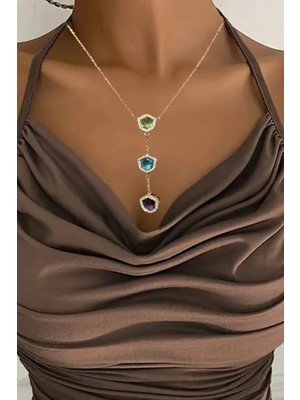 Caş Dekorasyon Altın Renk Mavi Taşlı 14K Altın Kaplama Kolye