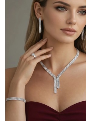 Caş Dekorasyon Gümüş Renk Taşlı 4'lü Abiye Set