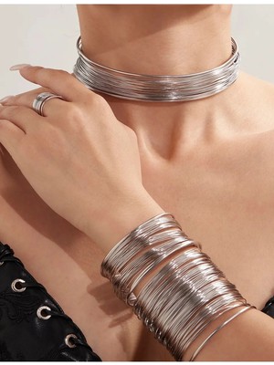 Caş Dekorasyon Gümüş Renk Metal Kelepçe Bileklik ve Choker Kolye Set