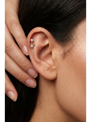 Zarif Zirkon Taşlı Sallantılı Yıldız Detay Tragus Helix Çelik Piercing