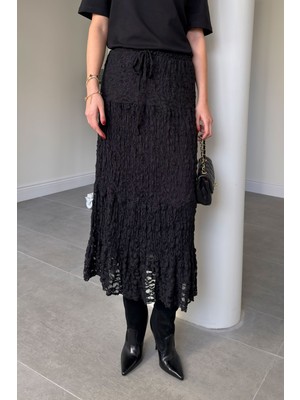 Magarde Beli Lastikli Dantelli Etek- Siyah