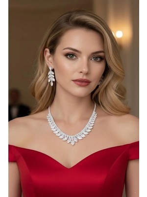 Caş Dekorasyon Gümüş Renk Taşlı Abiye Set