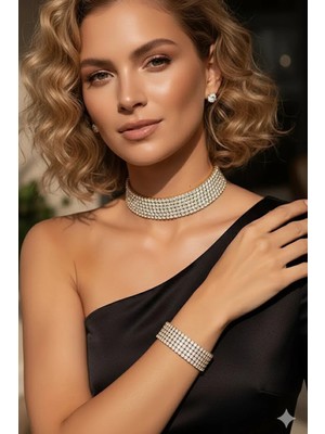Caş Dekorasyon Altın Renk Taşlı Kolye Küpe ve Bileklik Set