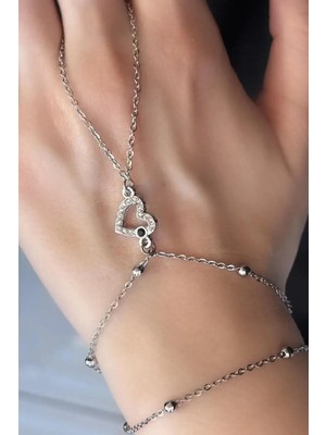 Caş Dekorasyon Gümüş Renk Kalp Şekil Taşlı Çelik Şahmeran