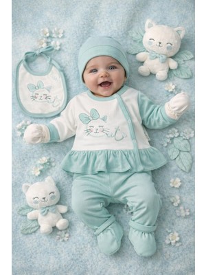 Ozz Baby Yenidoğan Kız Bebek 0-3 Ay Etekeri Fırfırlı Aplike Desenli  5'li Hastane Çıkışı Zıbın Seti