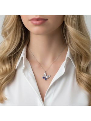 Vaoov 925 Ayar Gümüş Lacivert Damla ve Baget Taşlı Kelebek Kolye