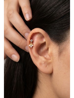 Zarif Zirkon Taşlı Sallantılı Lotus Detay Çelik Tragus Helix Piercing