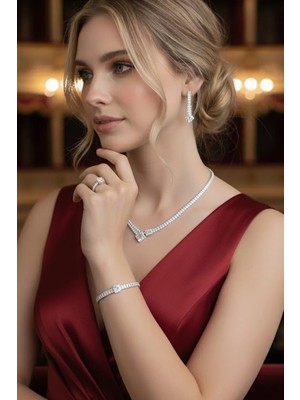 Caş Dekorasyon Gümüş Renk Taşlı 4'lü Abiye Set