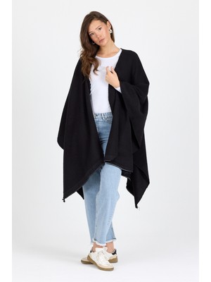 Dukkanıum Panço - Pamuk Polyester Karışımlı Şık ve  Kaliteli Kumaş-Siyah