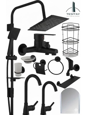 Tesitay Lüks Mutfak Lavabo Banyo Bataryası Robot Duş Seti Aynalı Aksesuar Takımı Siyah Renk