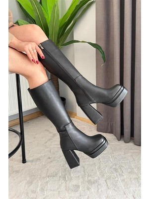M&B COLLECT Kadın Sera Siyah Platformlu Topuklu Diz Altı Çizme Küt Burun Fermuarlı Çizme
