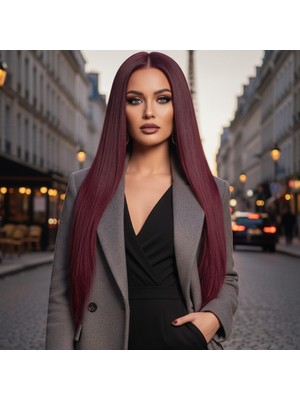 Indispensablely Gerçek Front Lace Tül Peruk / Düz / Koyu Kızıl 70/75CM