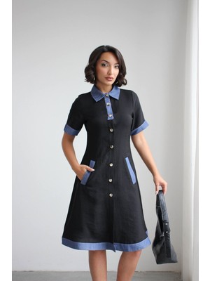 Bacc Siyah Denim Garnili Düğmeli Tensel Dokuma Elbise BCHN-2526114